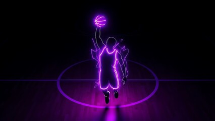 Neon basketball player in mid air illuminated with vibrant purple light