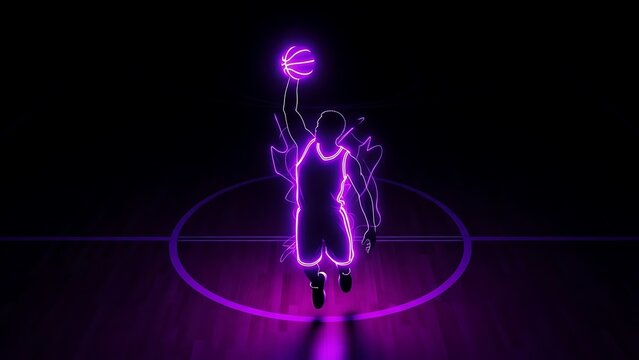 Neon basketball player in mid air illuminated with vibrant purple light - Powered by Adobe