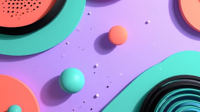 Abstract composition of geometric shapes in complementary colors on a purple backdrop