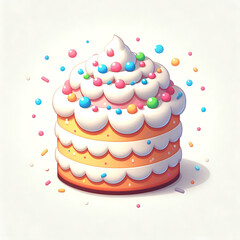 3D Illustration of a Delicious Layered Birthday Cake with White Frosting and Colorful Sprinkles