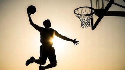 Silhouette of a basketball player in mid air preparing a shot at sunset