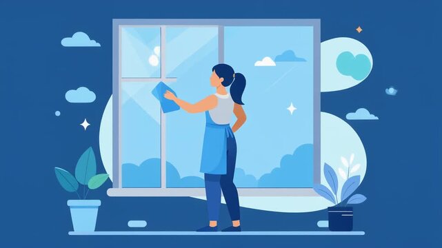 高い窓に向かって道具を使い窓拭き掃除を行う人物が清掃作業に集中する様子