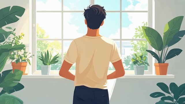 観葉植物のある部屋で男性が窓拭き掃除を行い自然光を取り入れる生活風景