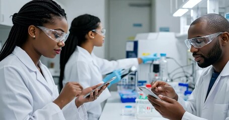 Scientists in a laboratory analyzing data and conducting experiments with technology. - Powered by Adobe