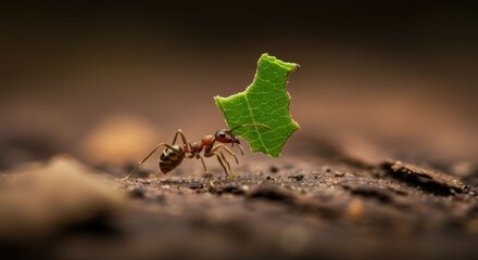Ant Carrying Green Leaf on Soil Ground.