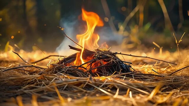 自然の中で火起こしを行いレジャーとして焚き火を楽しむ瞬間