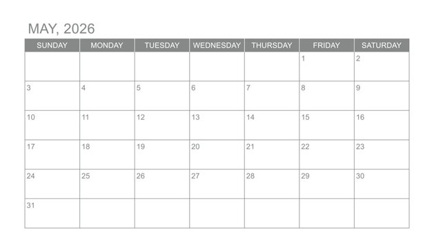 Classic monthly calendar for 2026. week starts on sunday. simple may 2026 calendar template. new monthly planner design