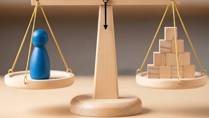 A symbolic balance scale with wooden blocks and a figurine