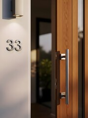 open door in a hotel, Close up photo shows shiny metal number thirty three attached to white house exterior. Wooden door has silver handle and lock details. Modern home design.