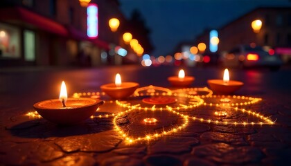 Festive Diwali Background with Traditional Diyas and Golden Sparkles