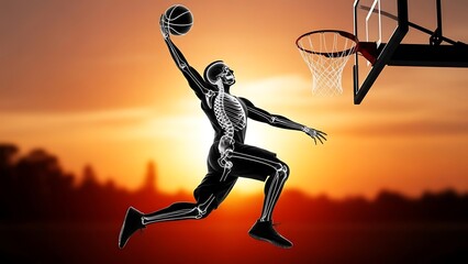 Skeletal basketball player in mid air preparing for a dunk at sunset