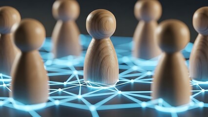 Wooden figures connected by a glowing network of lines representing community