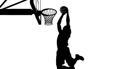 Silhouette of a basketball player in mid air about to dunk the ball