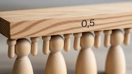 A wooden shelf with carved details and small wooden figures beneath it