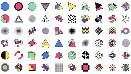 Vibrant collection of abstract geometric shapes and modern graphic elements for design projects, featuring diverse patterns and colors in a stylish, contemporary aesthetic
