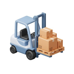 Blue forklift lifting stacked cardboard boxes on a wooden pallet white