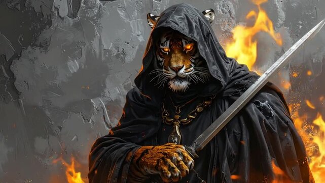 An anthropomorphic tiger in a black hooded cloak wields a sword, fire surrounds it