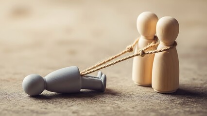 Wooden figures connected by string representing support teamwork and connection
