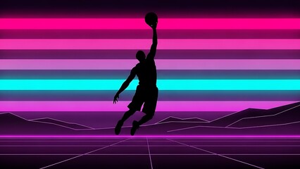 Retro wave basketball player in silhouette dynamic action shot with vibrant colors