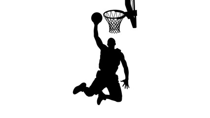 Silhouette of a basketball player in mid air preparing to dunk