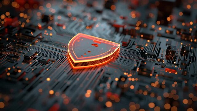 Glowing digital shield on a circuit board symbolizing advanced cybersecurity data protection and modern network defense technology