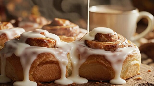 Close-up of freshly baked cinnamon rolls with generous white icing and steam, perfect for a cozy morning treat with coffee.