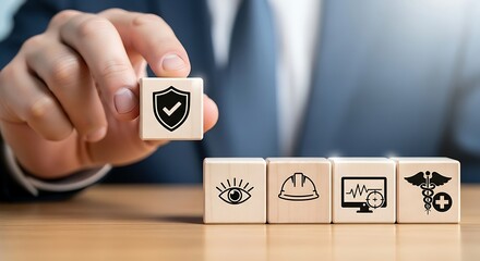 Businessman places security and risk management block aligning with various protection industry components