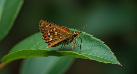 Obraz premium Brown Butterfly on Green Leaf in Nature.