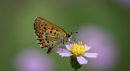 Obraz premium Butterfly Feeding on Small White Flower.
