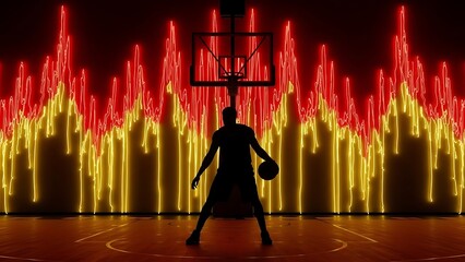 Silhouette of a basketball player with a fiery equalizer background