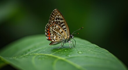 Fototapeta premium Butterfly on Leaf with Water Droplets.