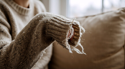 Close up of frayed sweater sleeve. Macro detail of a well worn beige knitted garment. Textile damage and pilling on old clothing. Sustainability and mending concept