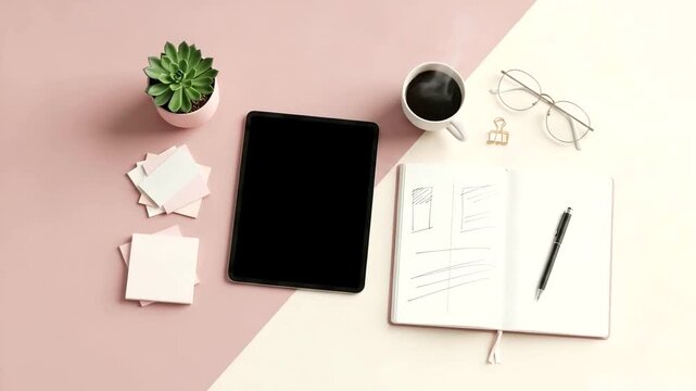 Minimalist workspace with tablet, coffee, and notes