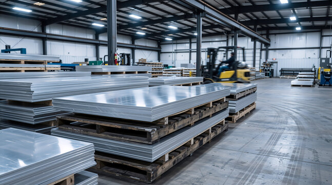 Stacks of industrial aluminum sheets on wooden pallets in a warehouse. Metal manufacturing and logistics facility with forklift in background. Large scale production of raw materials
