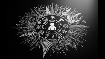 Abstract circular diagram with human icon and nature elements on black