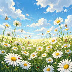 A cheerful summer day with a ladybug resting on a daisy in a field of blooming flowers