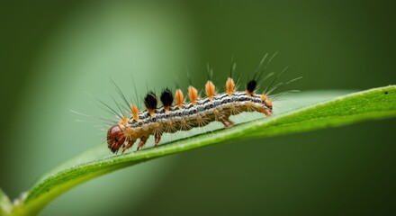 Caterpillar on Leaf Macro Photography Shot.