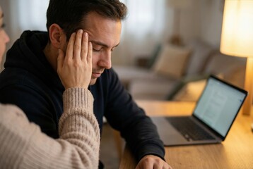 A person sits at a desk with a laptop while showing signs of stress. Another person reaches out to comfort them with a hand on their forehead in a cozy living room