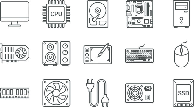 Computer Hardware Icon Set with CPU Motherboard Hard Drive Graphics Card RAM Power Supply SSD Monitor and Keyboard Symbols