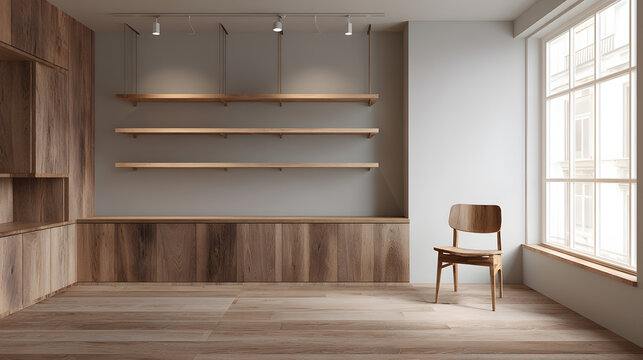 An empty kitchen with cupboards and shelves for food. Illustration of a home interior design background.