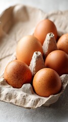 Carton of Brown Eggs on a Concrete Surface, CloseUp View