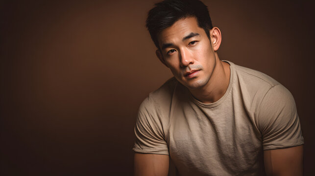 An Asian man wearing a beige t-shirt with a brown background and empty space for text. Illustration of a model's photo background.