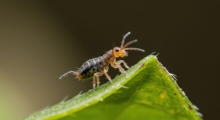 Fototapeta premium Close-up of insect on green leaf edge.