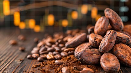 Commodity trading  exploring price fluctuations in cocoa and coffee industries on wooden surface