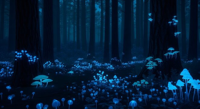 Mushrooms thriving in a dense, misty forest under a canopy of tall trees at dusk - Powered by Adobe
