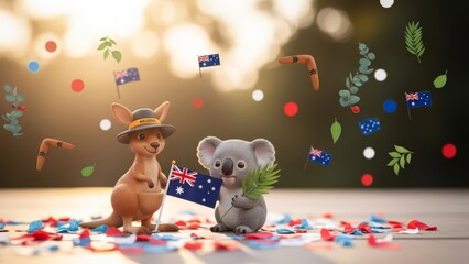Cute kangaroo and koala celebrate Australia Day with flags and confetti