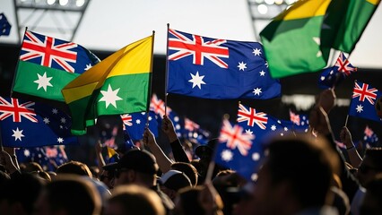 Crowd holding Australian flags in stadium