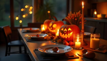 Festive Thanksgiving Table Setup with Pumpkins and Candlelight