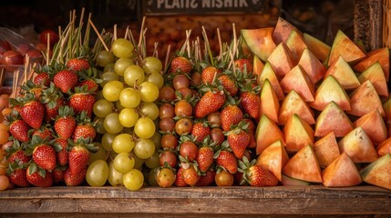 Display of fresh fruits including strawberries, grapes, and watermelon