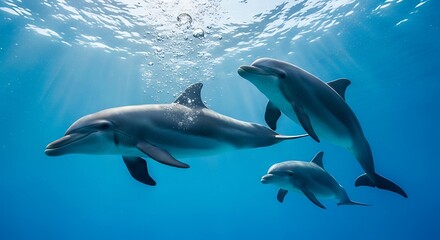 Naklejka premium Dolphins Swimming Underwater in the Ocean.